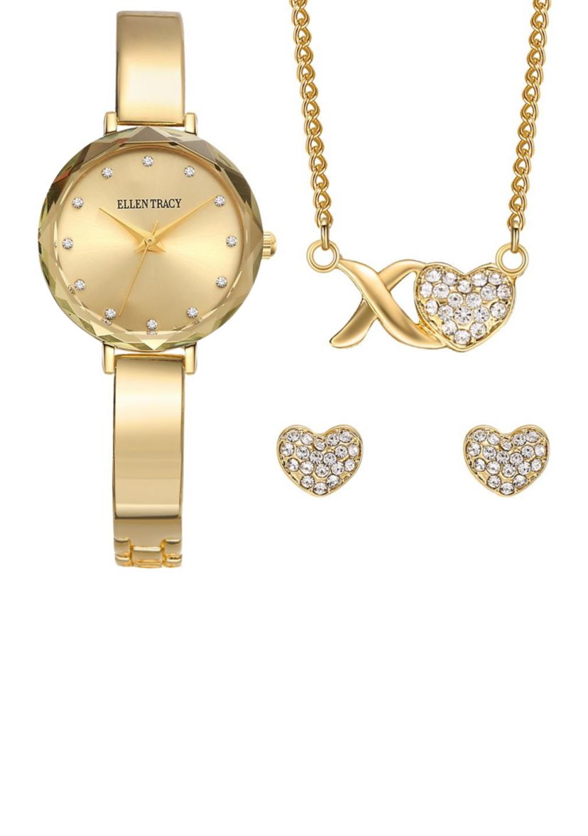 Gold Tone Faceted Bezel Watch Jewelry Set