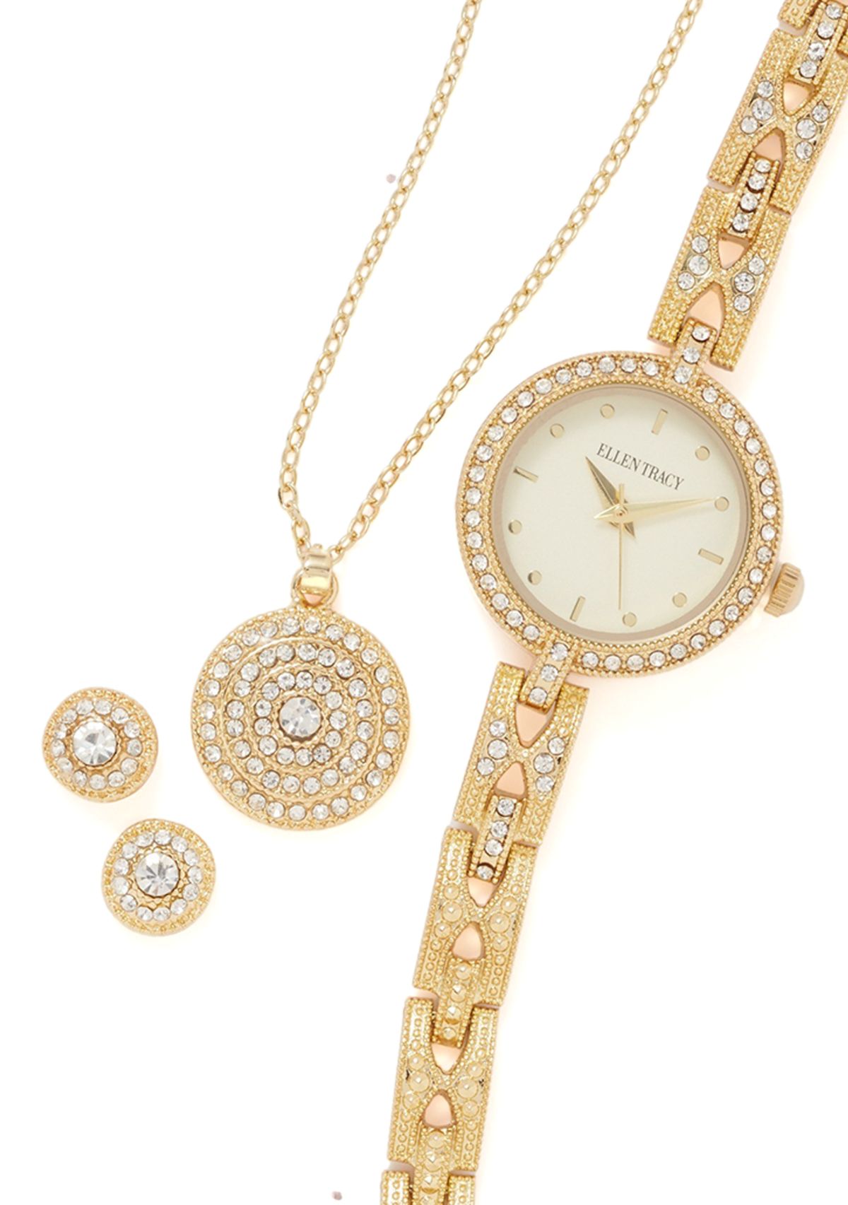 Watch, Round Pendant Necklace and Stud Earrings Set