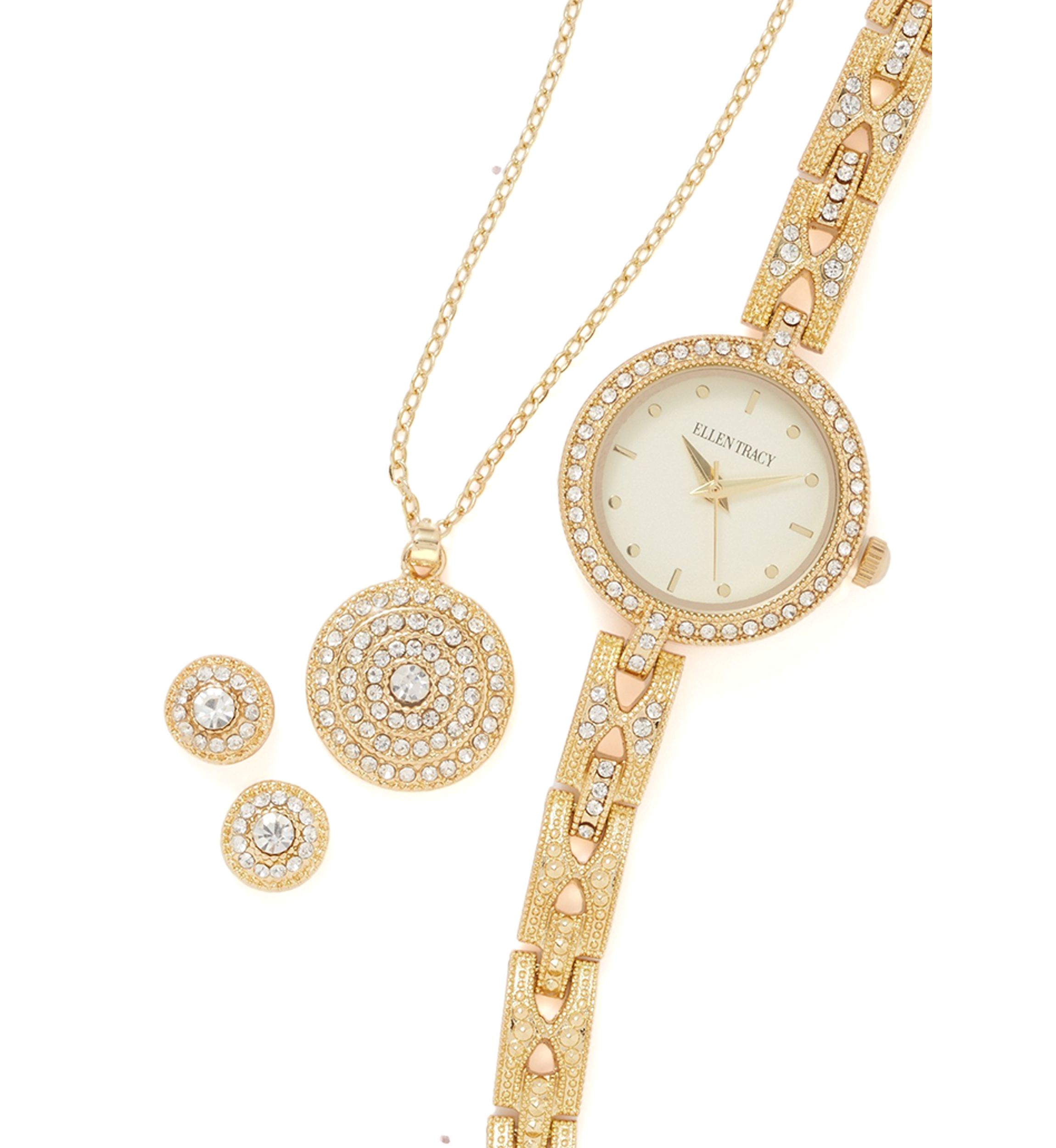 Watch, Round Pendant Necklace and Stud Earrings Set