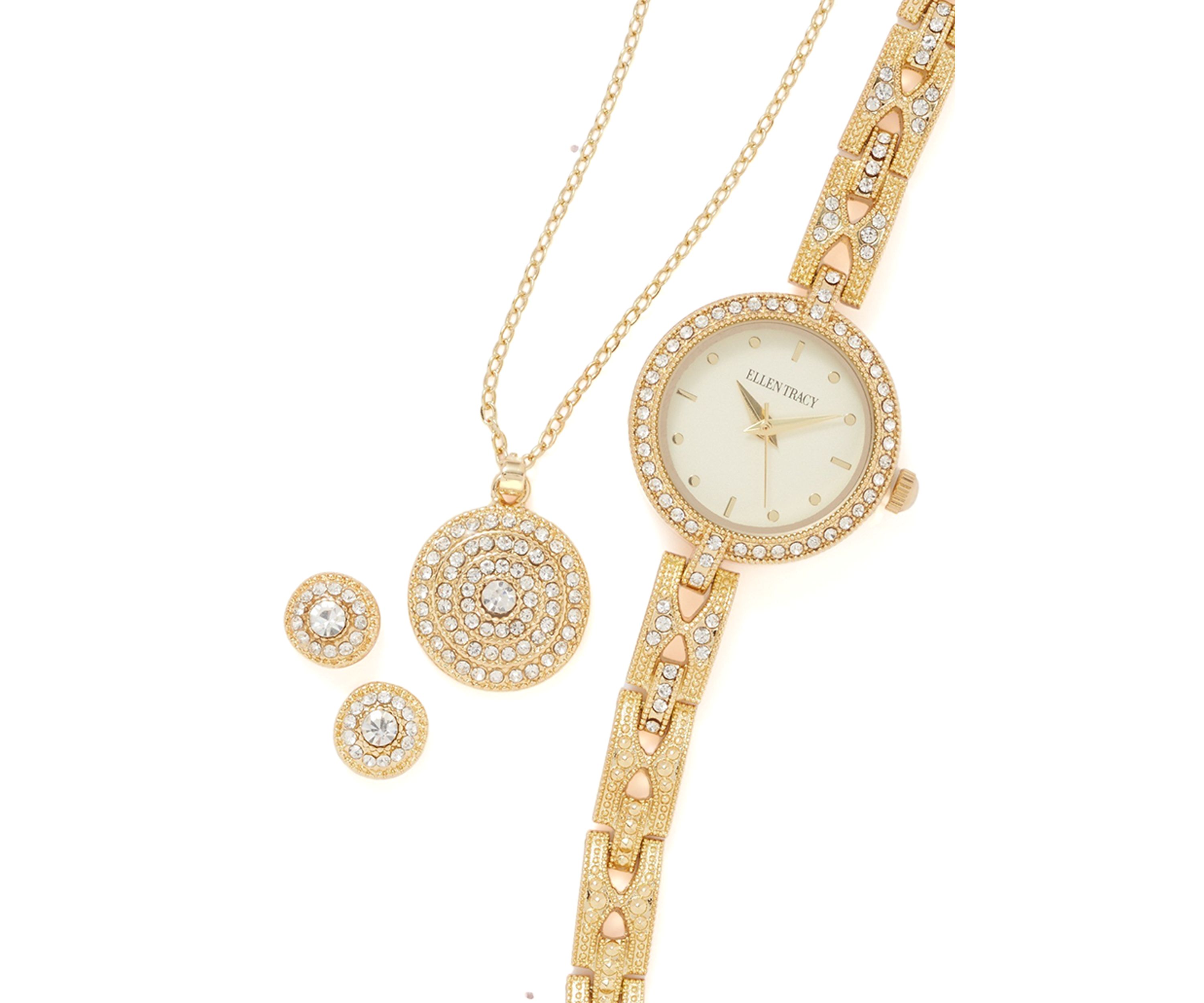 Watch, Round Pendant Necklace and Stud Earrings Set