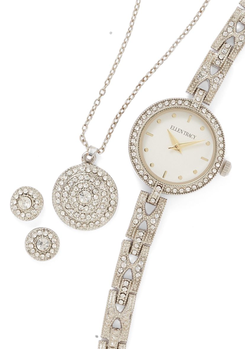 Ellen Tracy Watch, Round Pendant Necklace and Stud Earrings 
