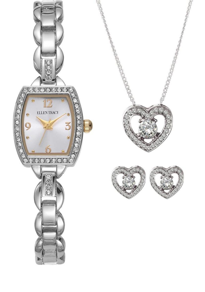 Silver Tone Crystal Watch Jewelry Set