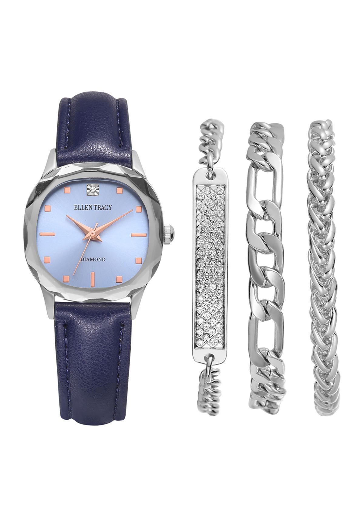 Silver Tone Genuine Diamond Dial Faceted Bezel Watch and Bracelet Set