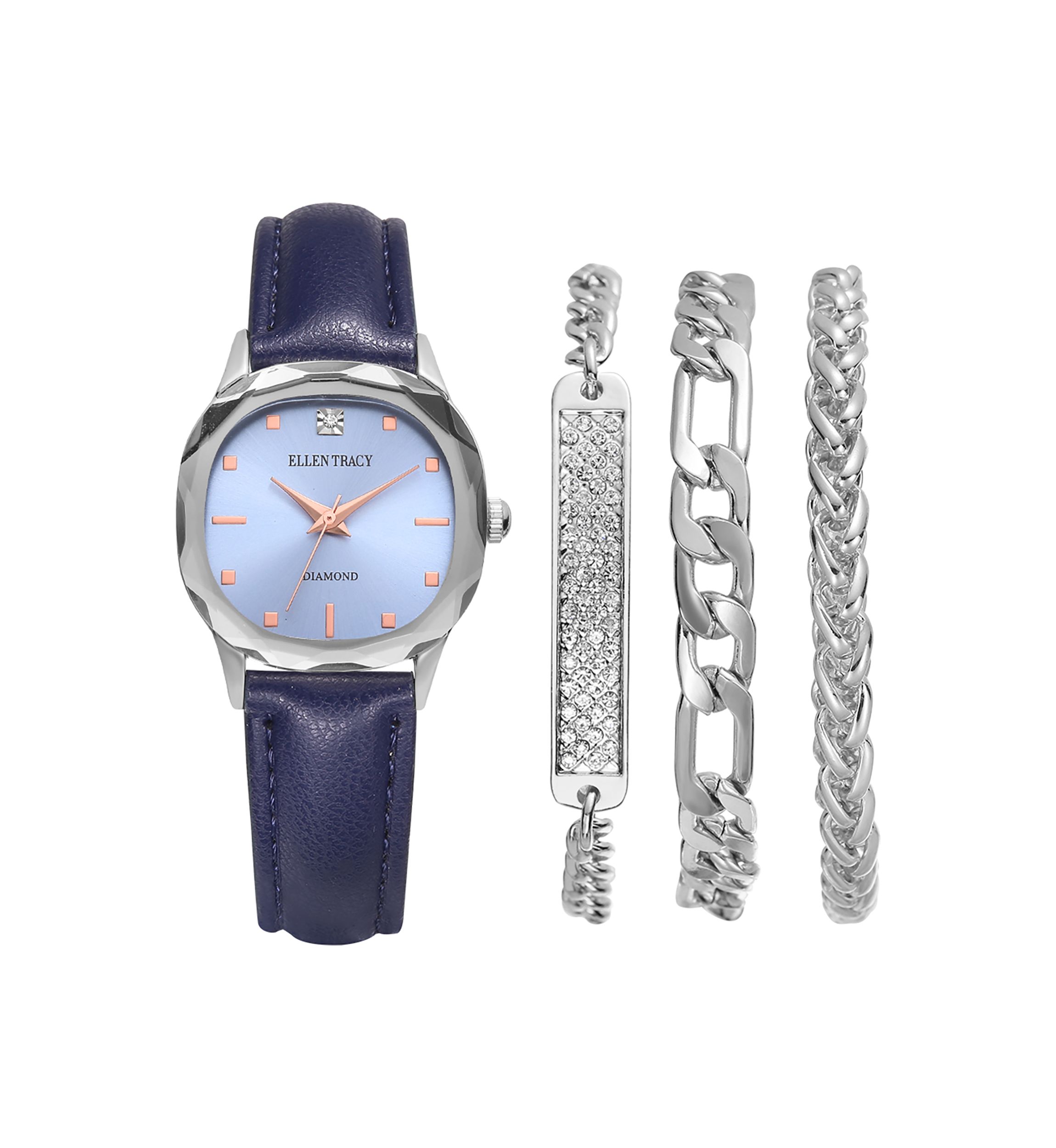 Silver Tone Genuine Diamond Dial Faceted Bezel Watch and Bracelet Set