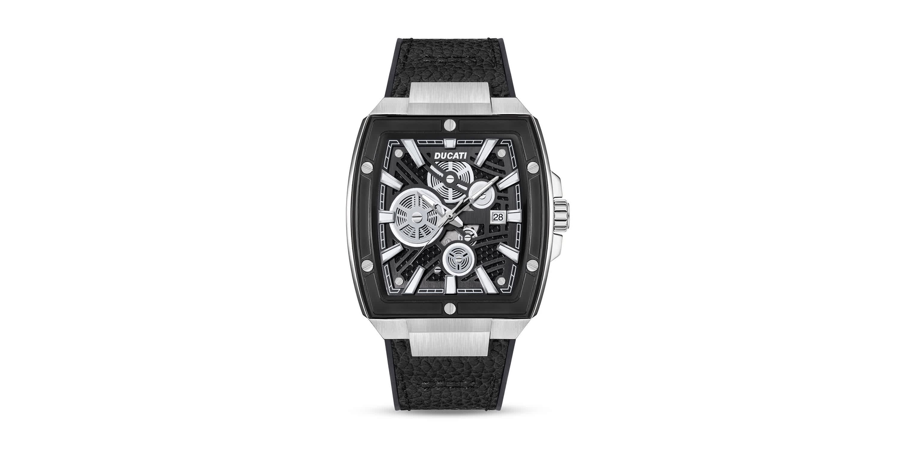 Automated Quartz Analog Watch With Black Textured Leather Strap, Semi Transparent Dial 40Mm Case