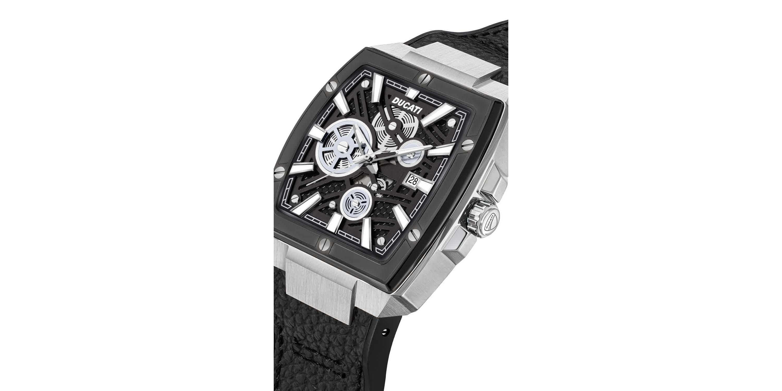 Automated Quartz Analog Watch With Black Textured Leather Strap, Semi Transparent Dial 40Mm Case