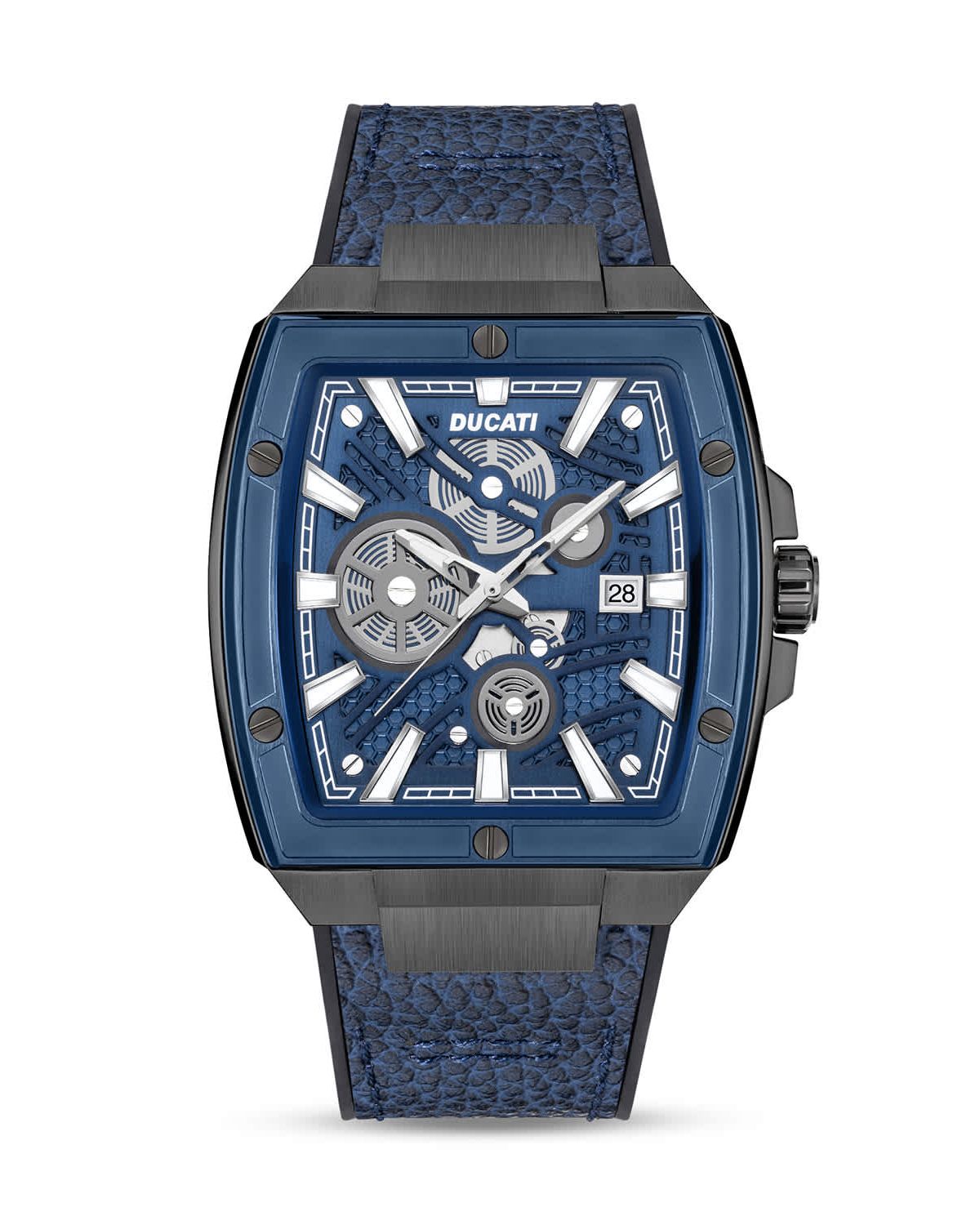 Automated Quartz Analog Watch With Blue Textured Leather Strap, Semi Transparent Dial 40Mm Case-DTWGB0000703