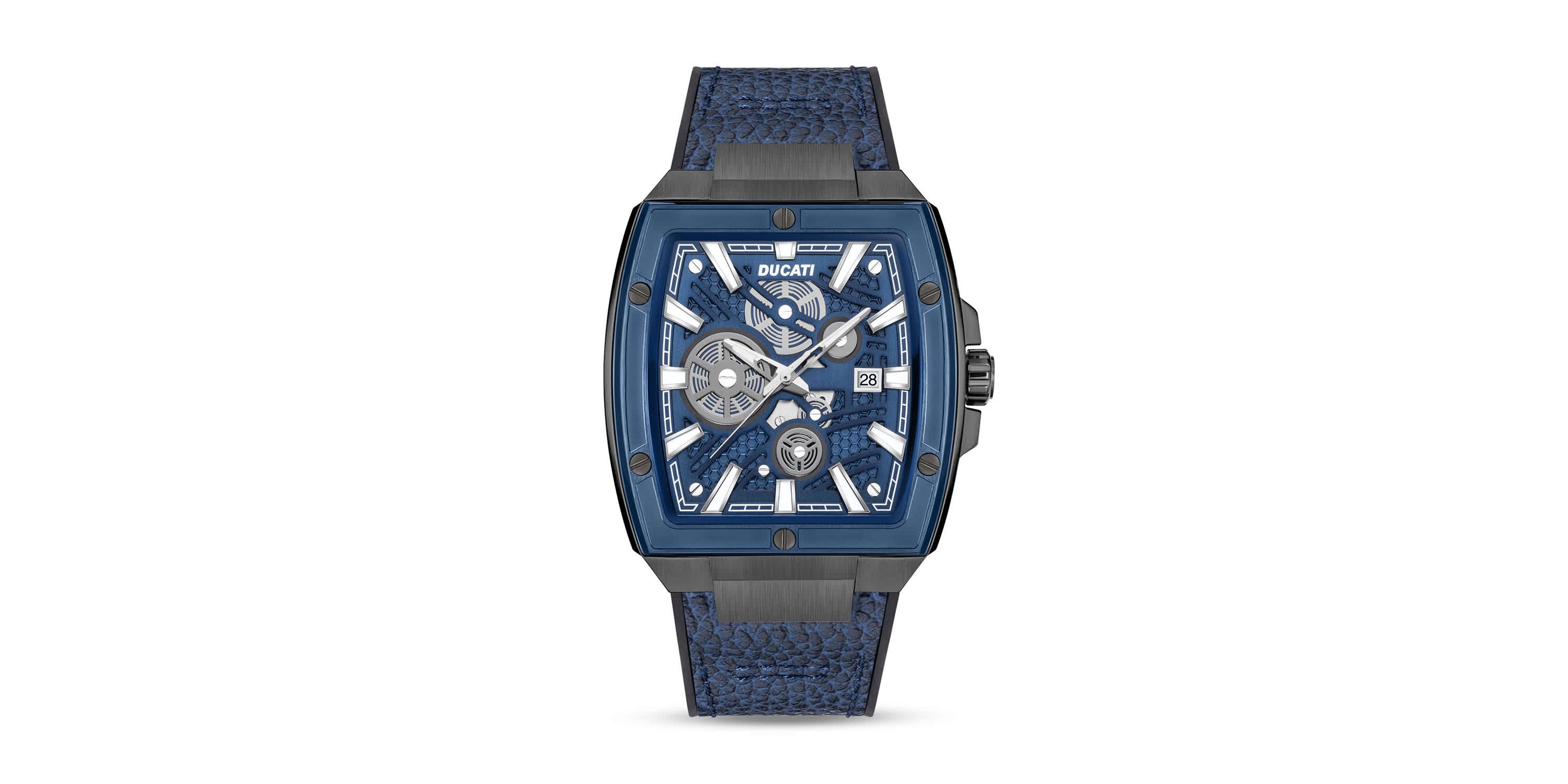 Automated Quartz Analog Watch With Blue Textured Leather Strap, Semi Transparent Dial 40Mm Case-DTWGB0000703