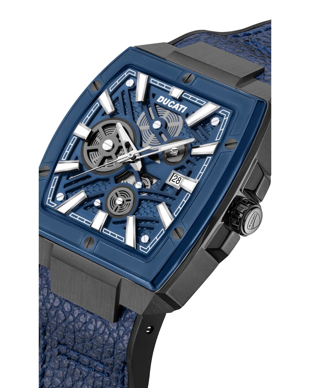 Automated Quartz Analog Watch With Blue Textured Leather Strap, Semi Transparent Dial 40Mm Case-DTWGB0000703