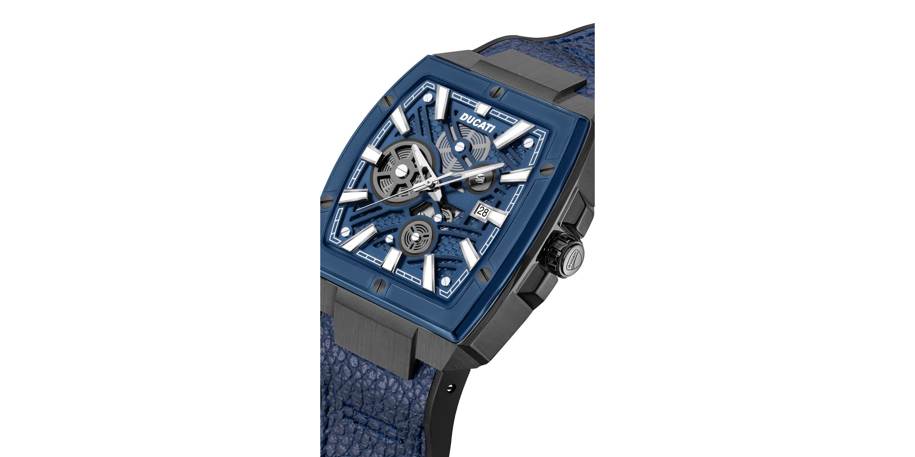 Automated Quartz Analog Watch With Blue Textured Leather Strap, Semi Transparent Dial 40Mm Case-DTWGB0000703