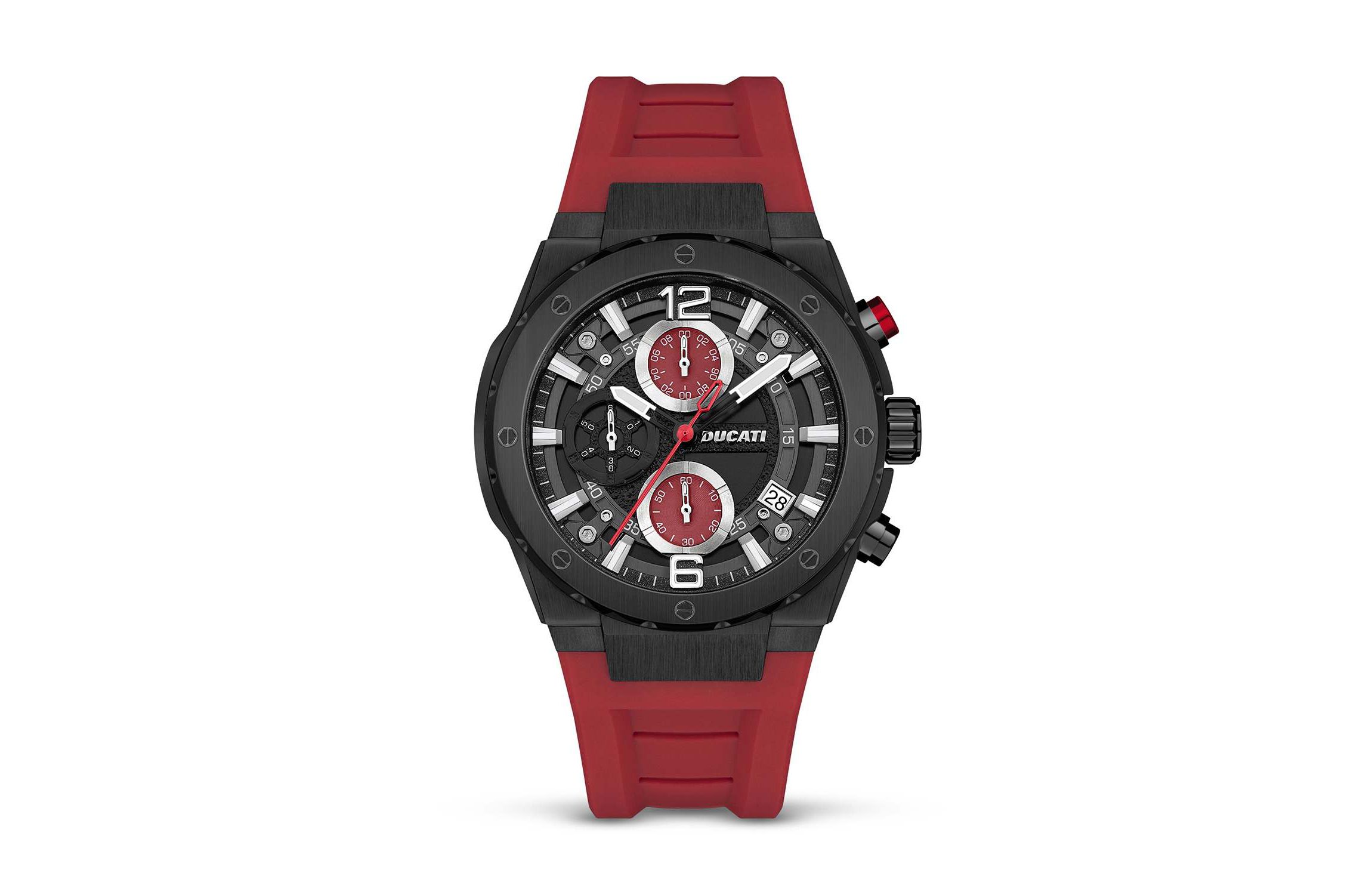 Chronograph Quartz Watch With Red Silicon Strap, Black Dial 44Mm Case