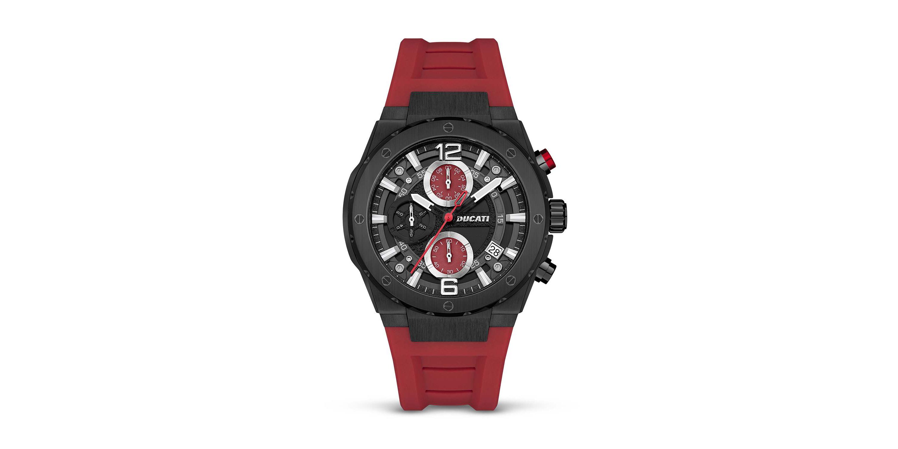 Chronograph Quartz Watch With Red Silicon Strap, Black Dial 44Mm Case