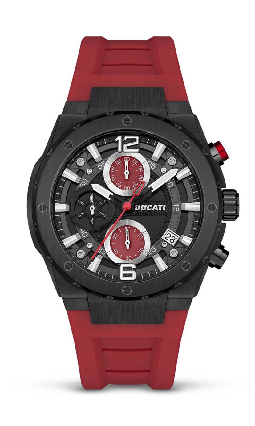 Chronograph Quartz Watch With Red Silicon Strap, Black Dial 44Mm Case
