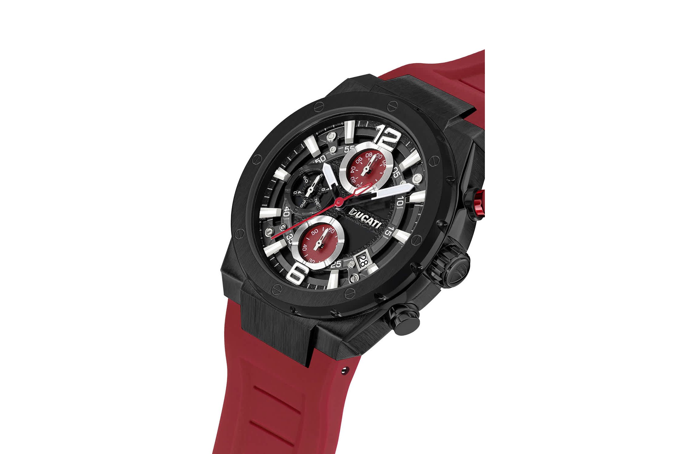 Chronograph Quartz Watch With Red Silicon Strap, Black Dial 44Mm Case
