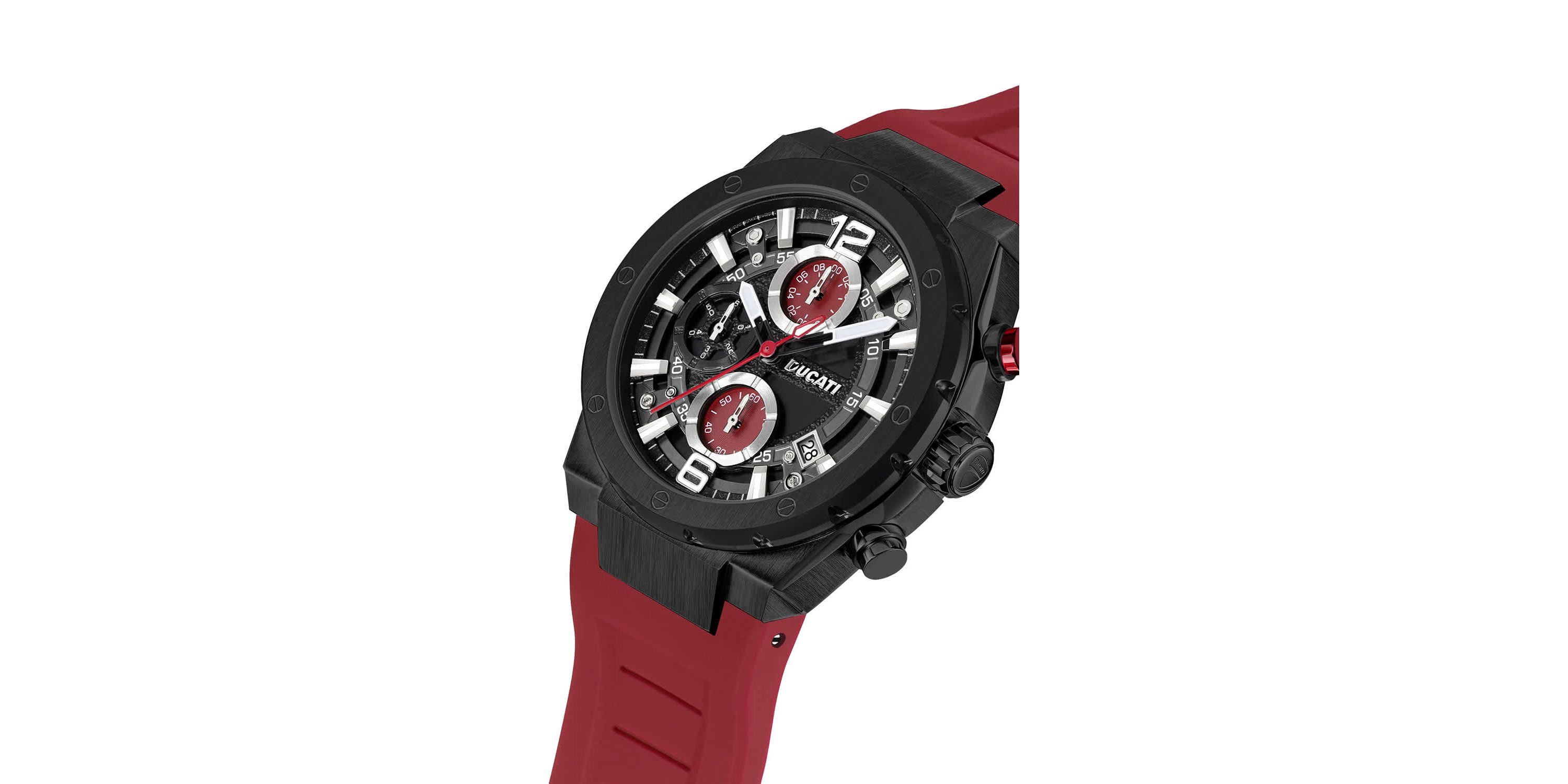 Chronograph Quartz Watch With Red Silicon Strap, Black Dial 44Mm Case