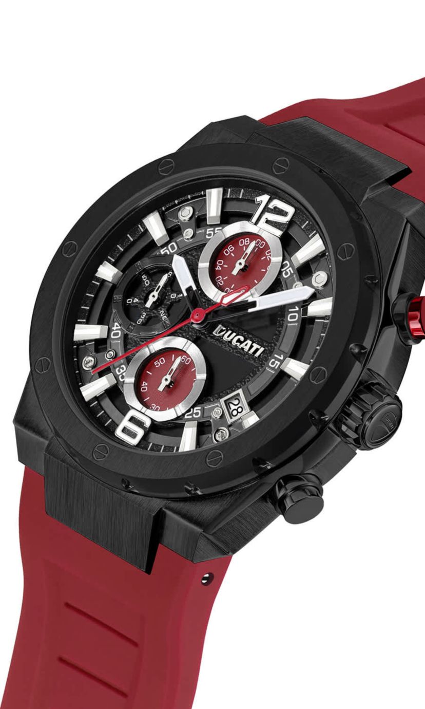 Chronograph Quartz Watch With Red Silicon Strap, Black Dial 44Mm Case