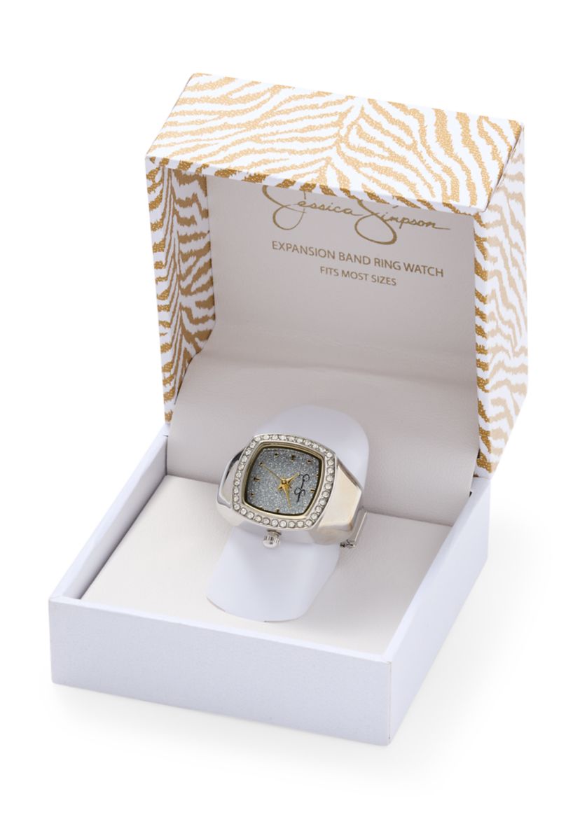 Jessica Simpson Expansion Band Ring Watch Faceted Bezel Crystal Ring Watch in Gold – Jessica Simpson main image 4