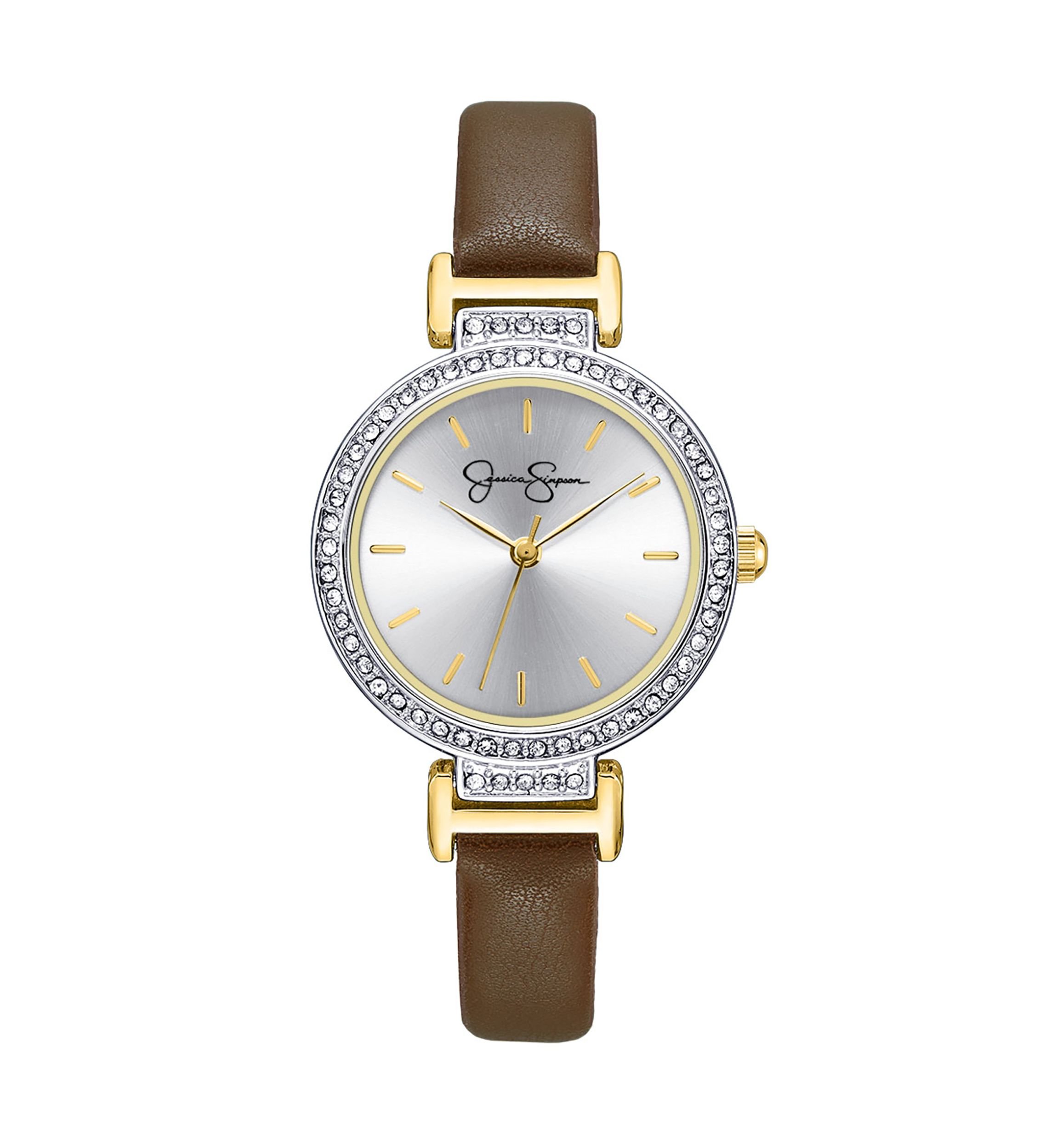 Two Tone Round Face Brown Leather Band Watch