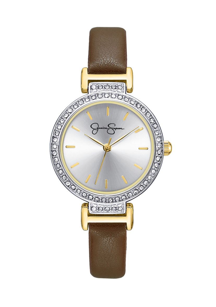 Two Tone Round Face Brown Leather Band Watch