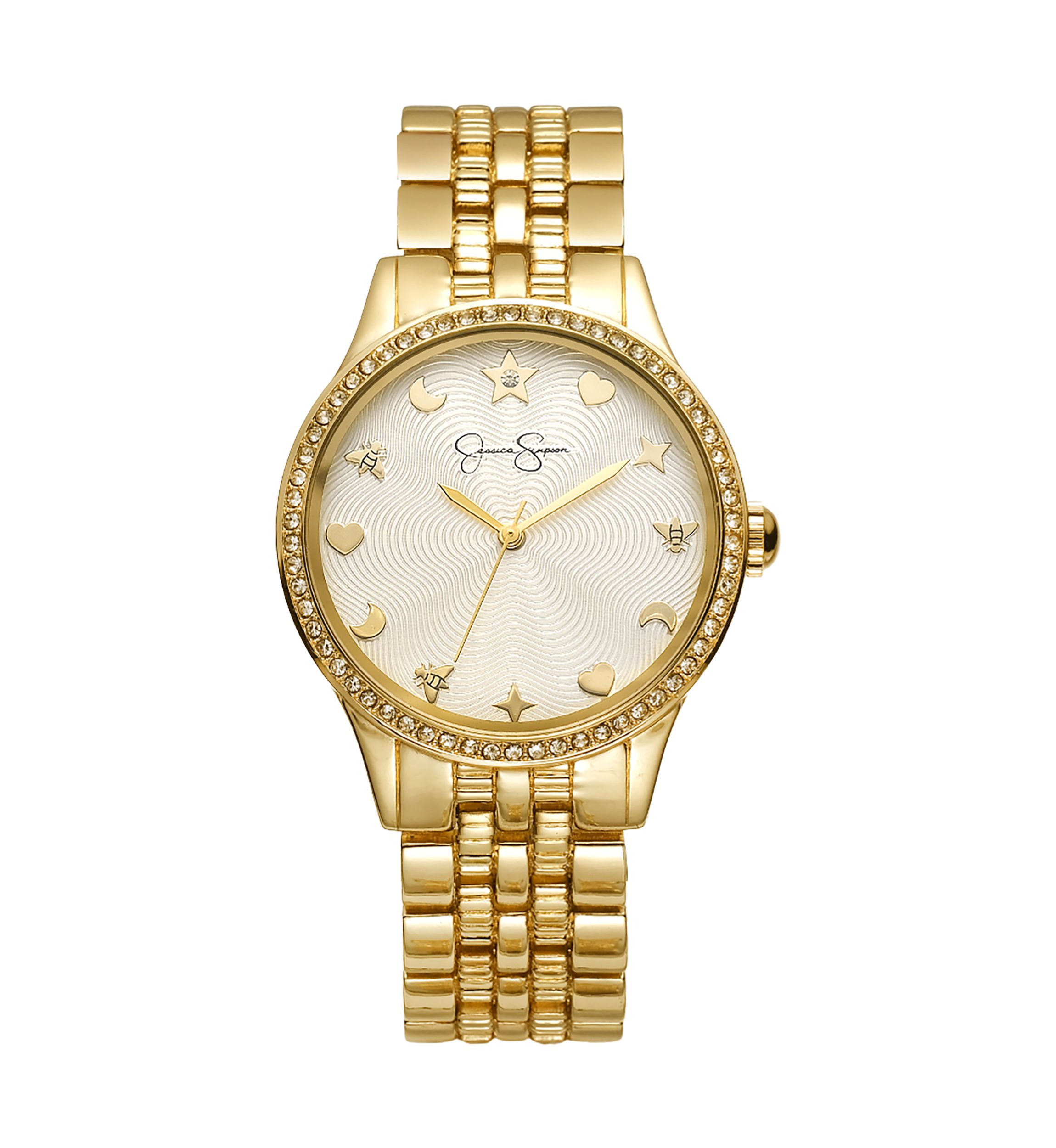Gold Tone Crystal Bezel Etched Dial Motif Bracelet Watch