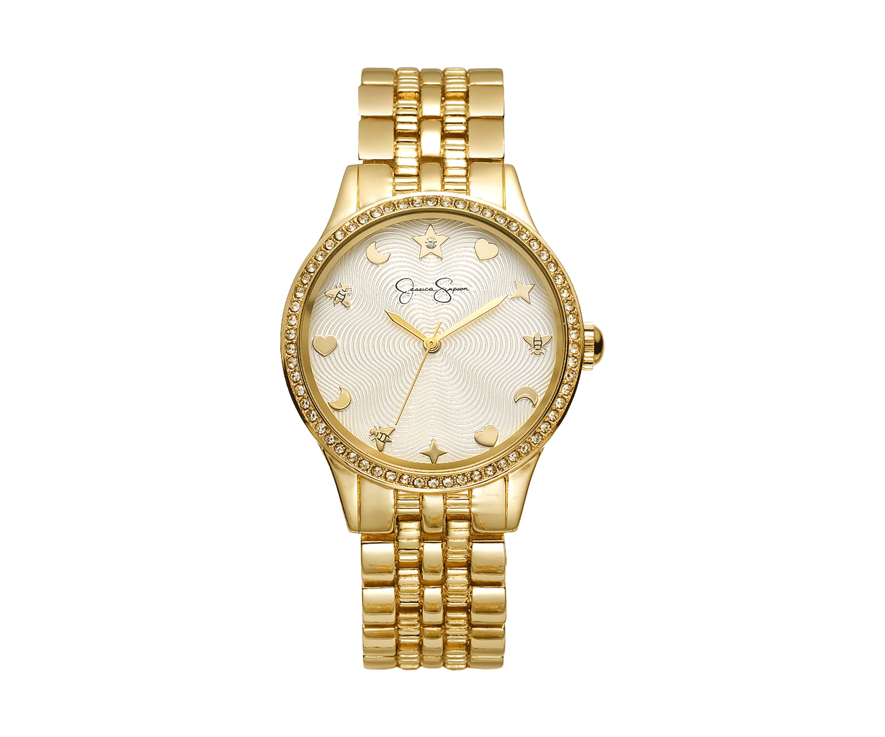 Gold Tone Crystal Bezel Etched Dial Motif Bracelet Watch
