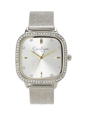 Jessica Simpson Women's Silver Tone 33 Millimeter Square Case Crystal Mesh Watch