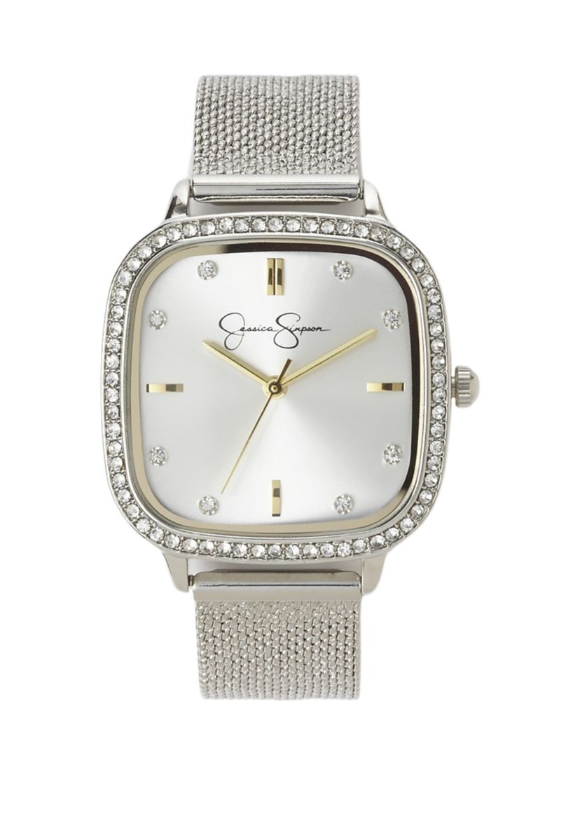 Silver Tone 33 Millimeter Square Case Crystal Mesh Watch