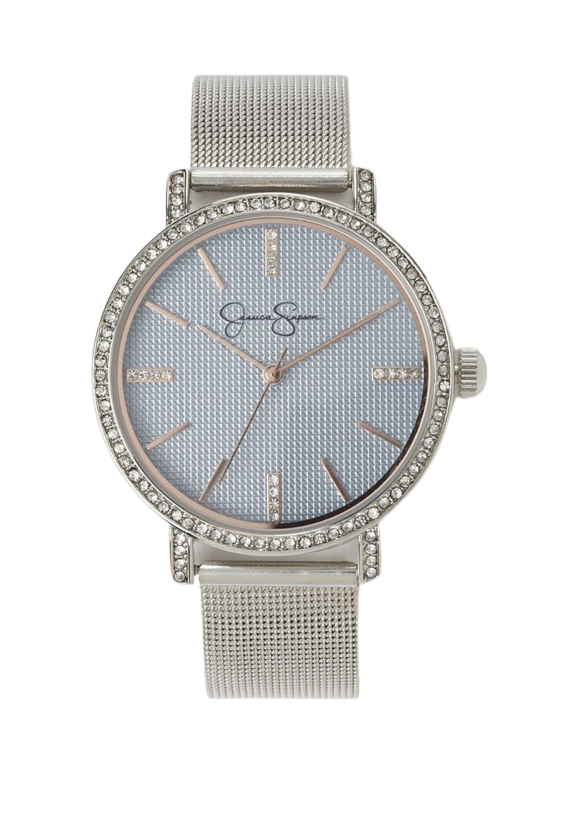Silver Tone 36 Millimeter Crystal Textured Dial Mesh Watch