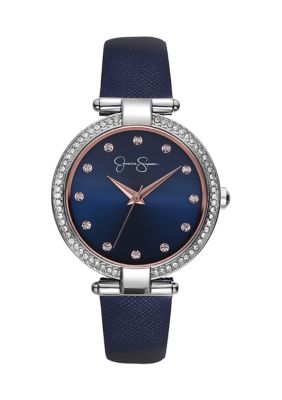 Silver Tone Crystal Bezel Navy Strap Watch