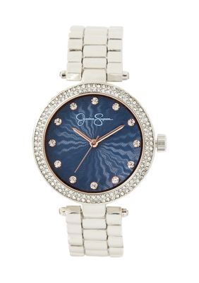 Jessica Simpson Women's Silver Tone Rose Bezel Diamond Watch, 18 in