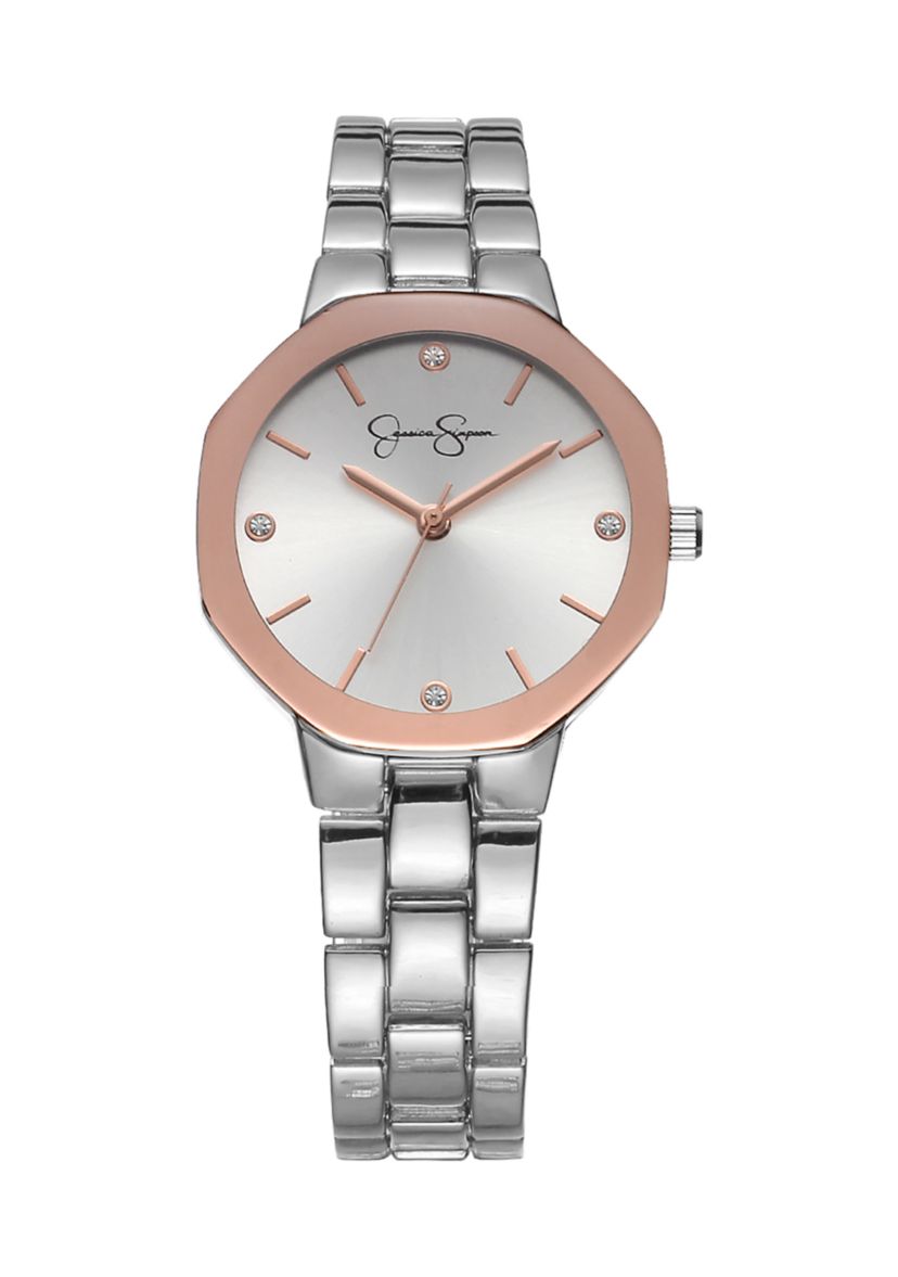 Silver Tone Rose Mettalized Bezel Bracelet Watch