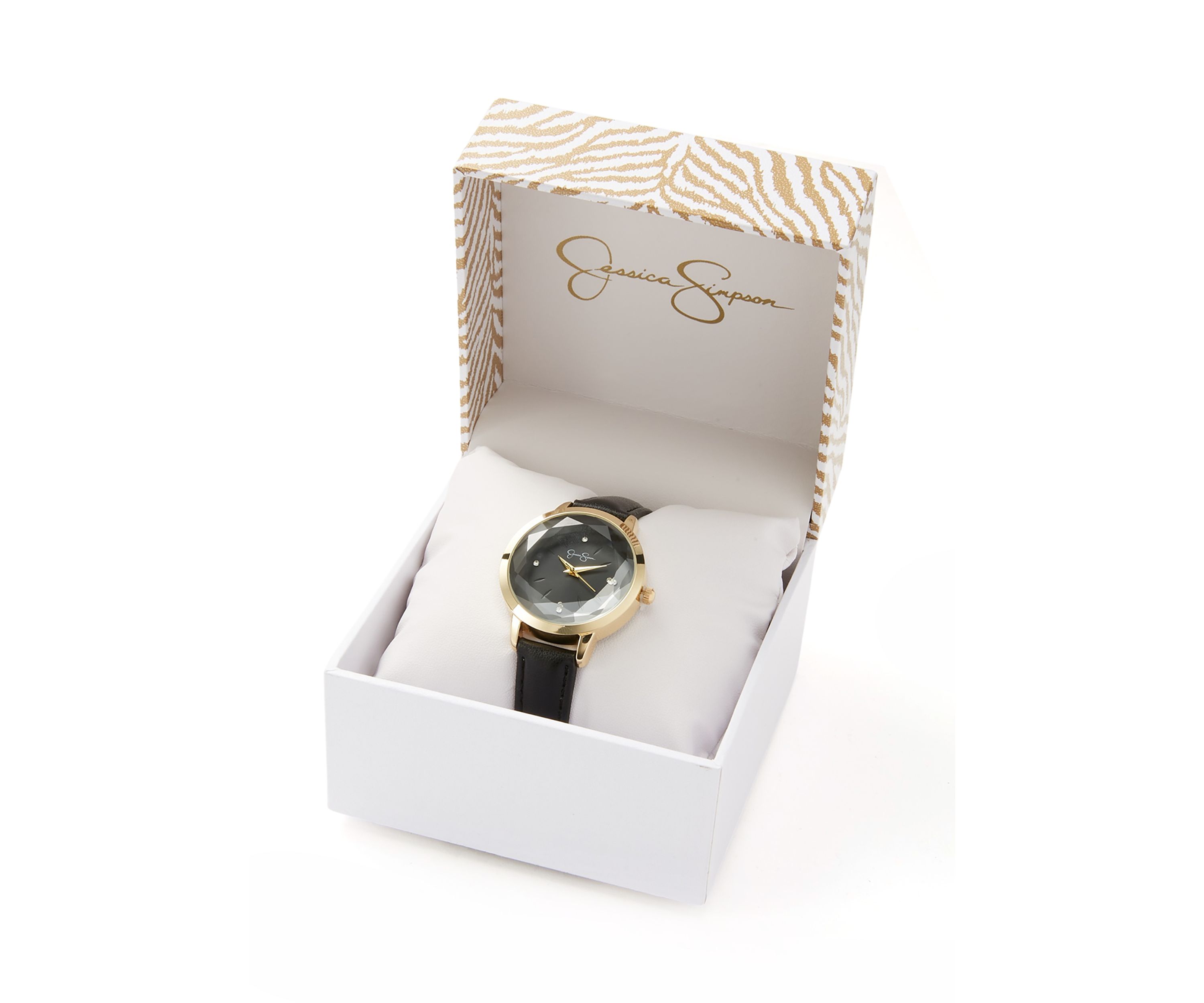 Gold Tone Black Faceted Glass Strap Watch
