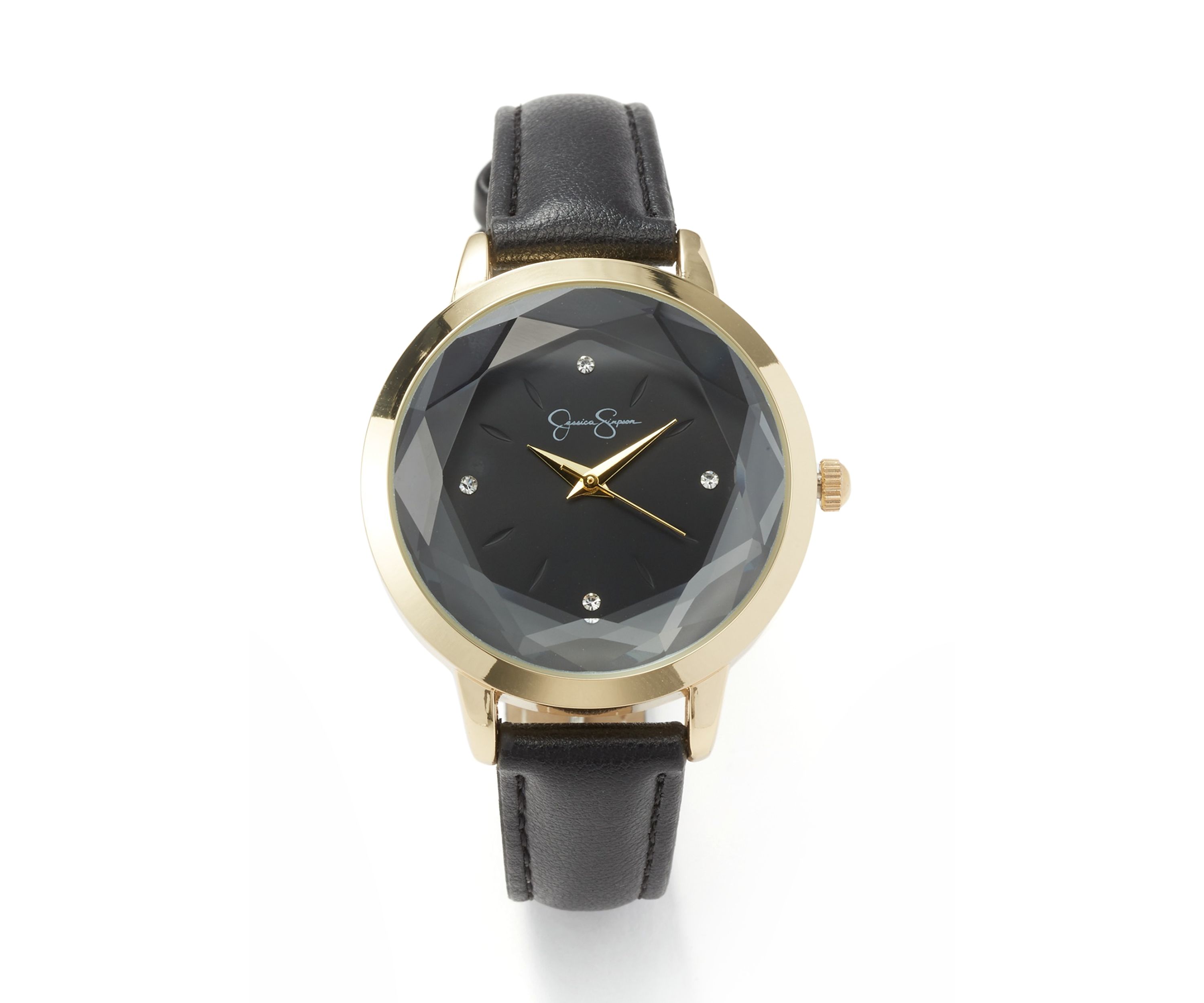 Gold Tone Black Faceted Glass Strap Watch