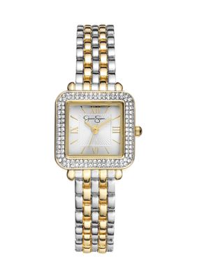Jessica Simpson Women's Crystal Pave Square Tri-Tone Watch
