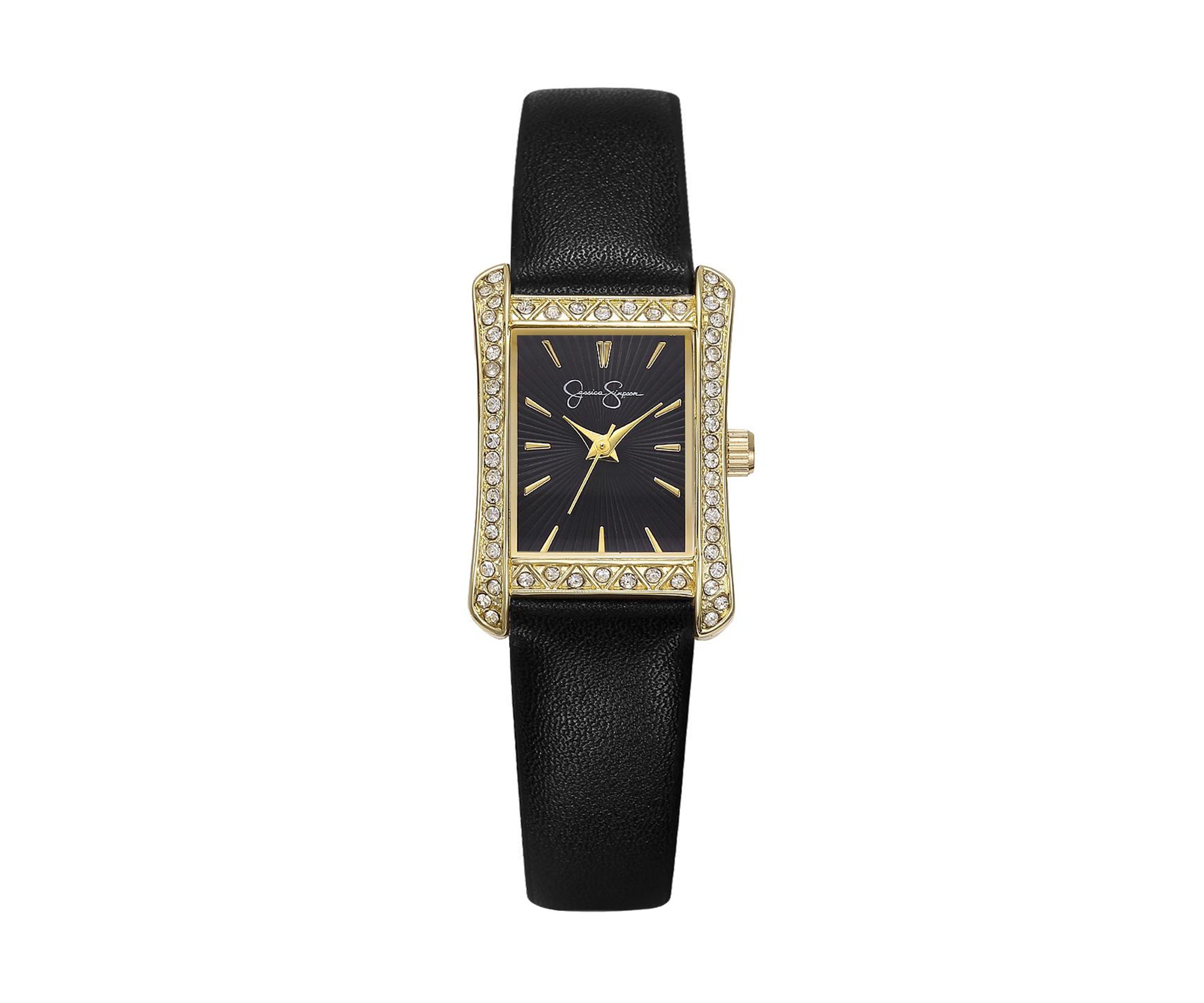 Gold Tone Rectangle Dial Faceted Bezel Watch