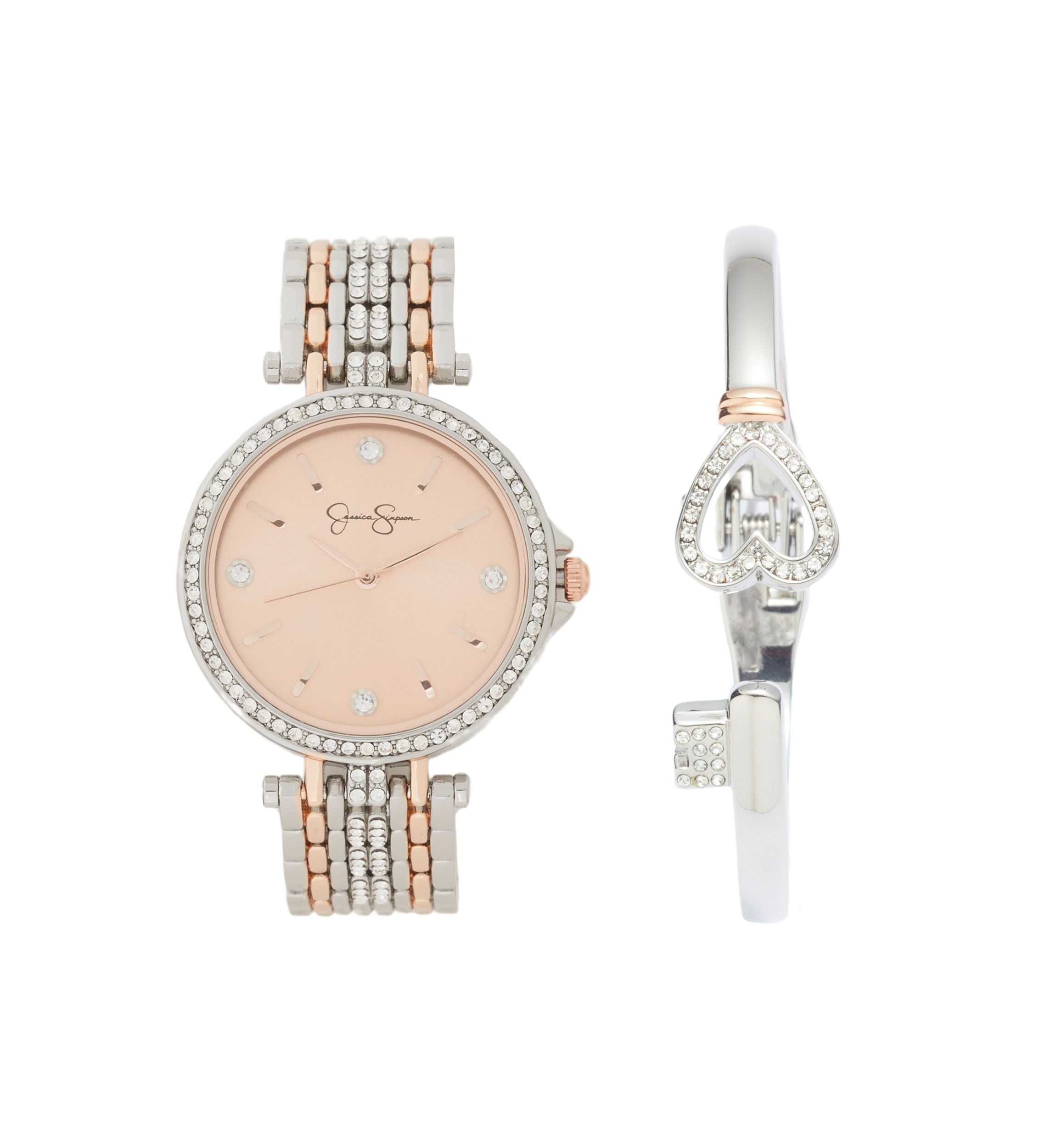 Two Tone Rose Watch and Heartkey Bracelet Set