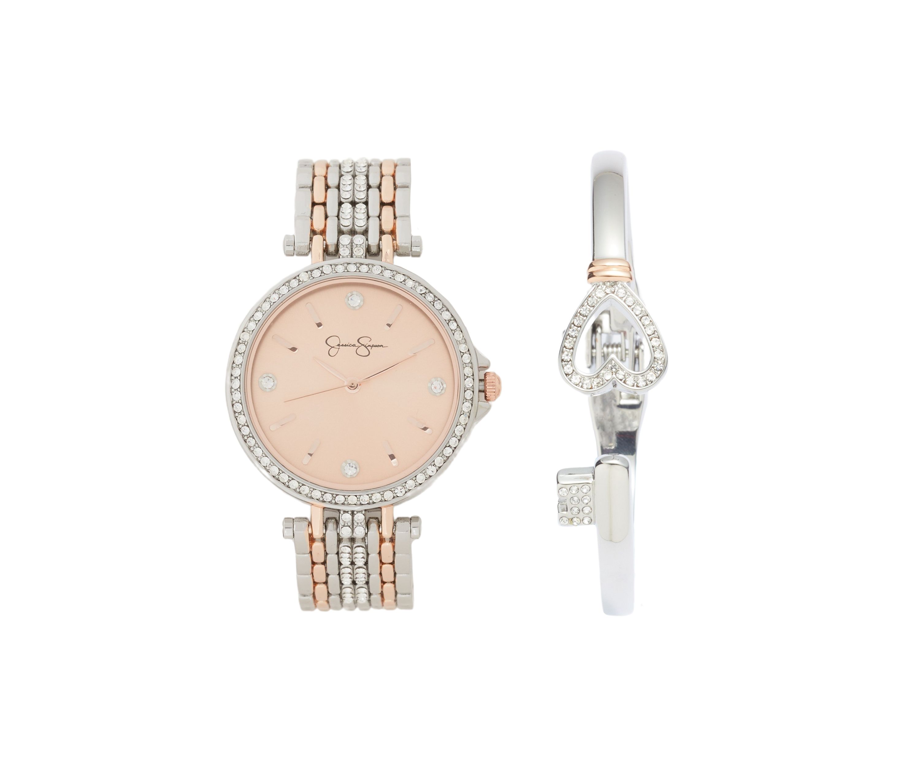 Two Tone Rose Watch and Heartkey Bracelet Set