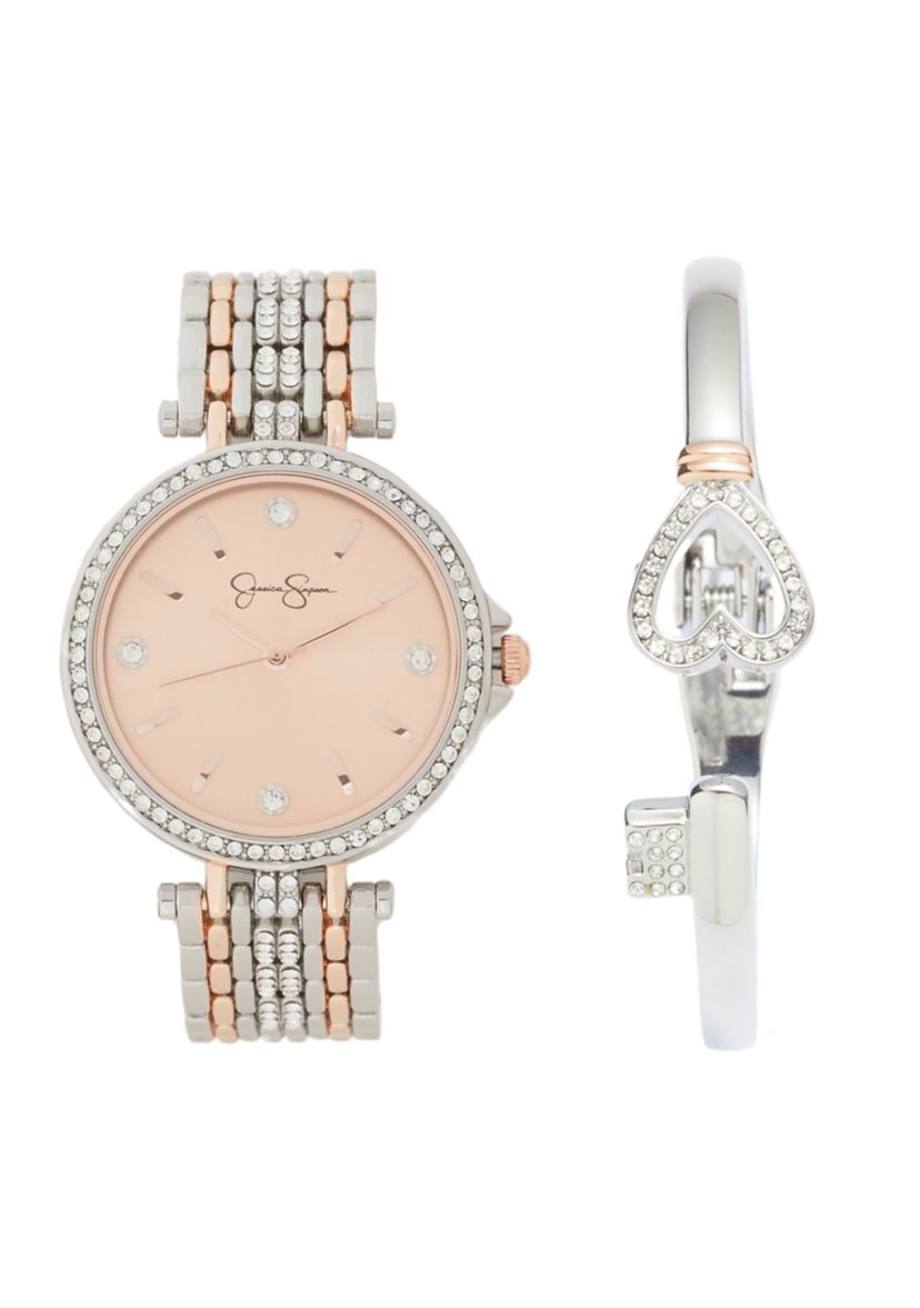 Two Tone Rose Watch and Heartkey Bracelet Set