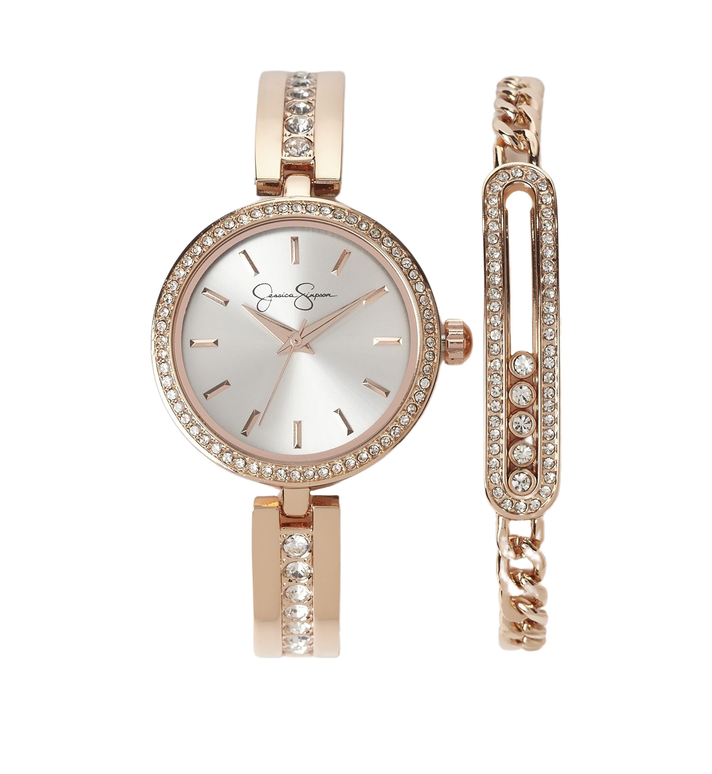 Jessica Simpson Watch Silver & Rose Gold Tone Key Heart Bangle Bracelet Set NEW Jessica Simpson Ladies 35mm Rose Gold Tone Crystal Encrusted  main image 4