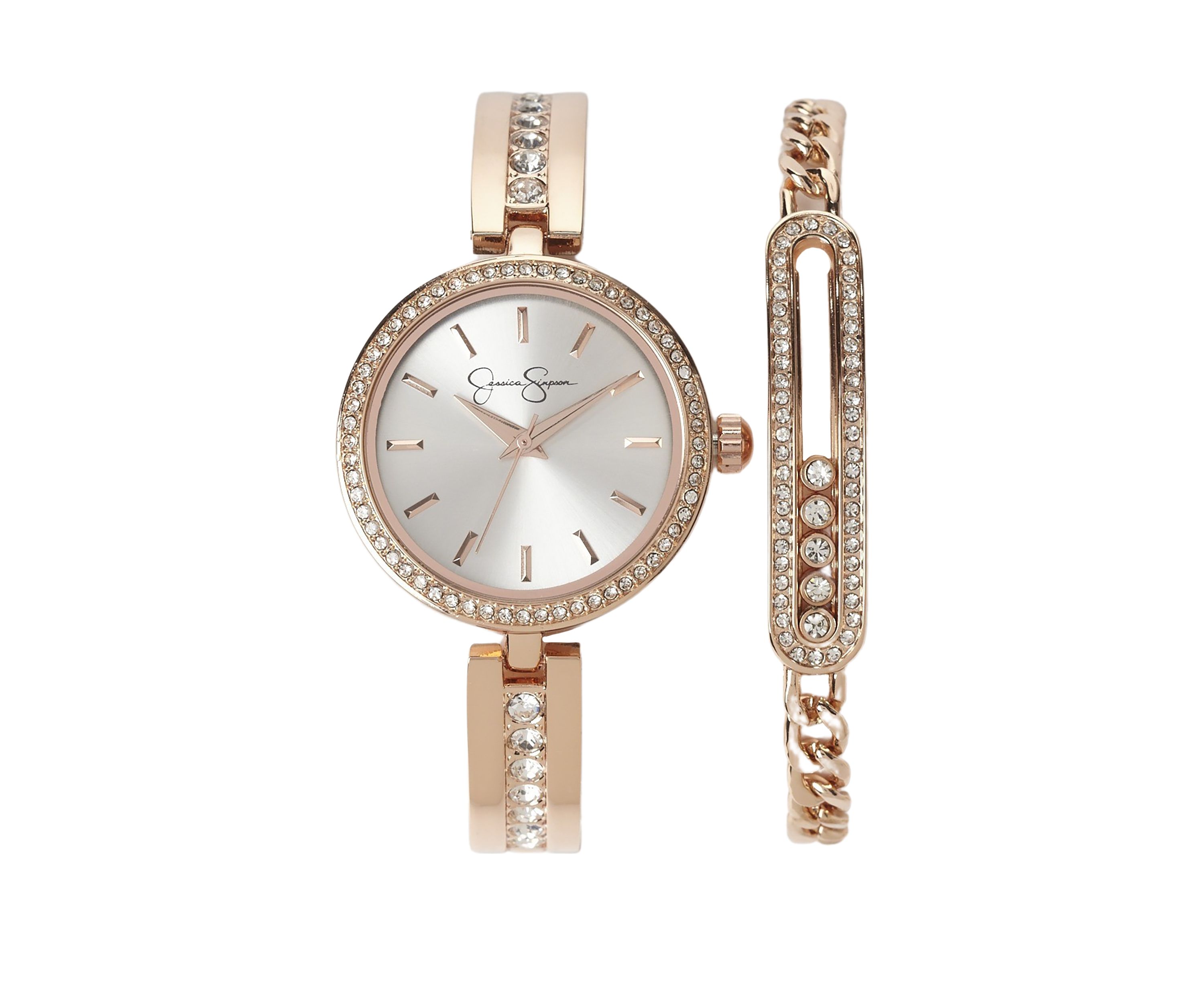 Rose Gold Tone 2 Piece Crystal Bracelet and Watch Set