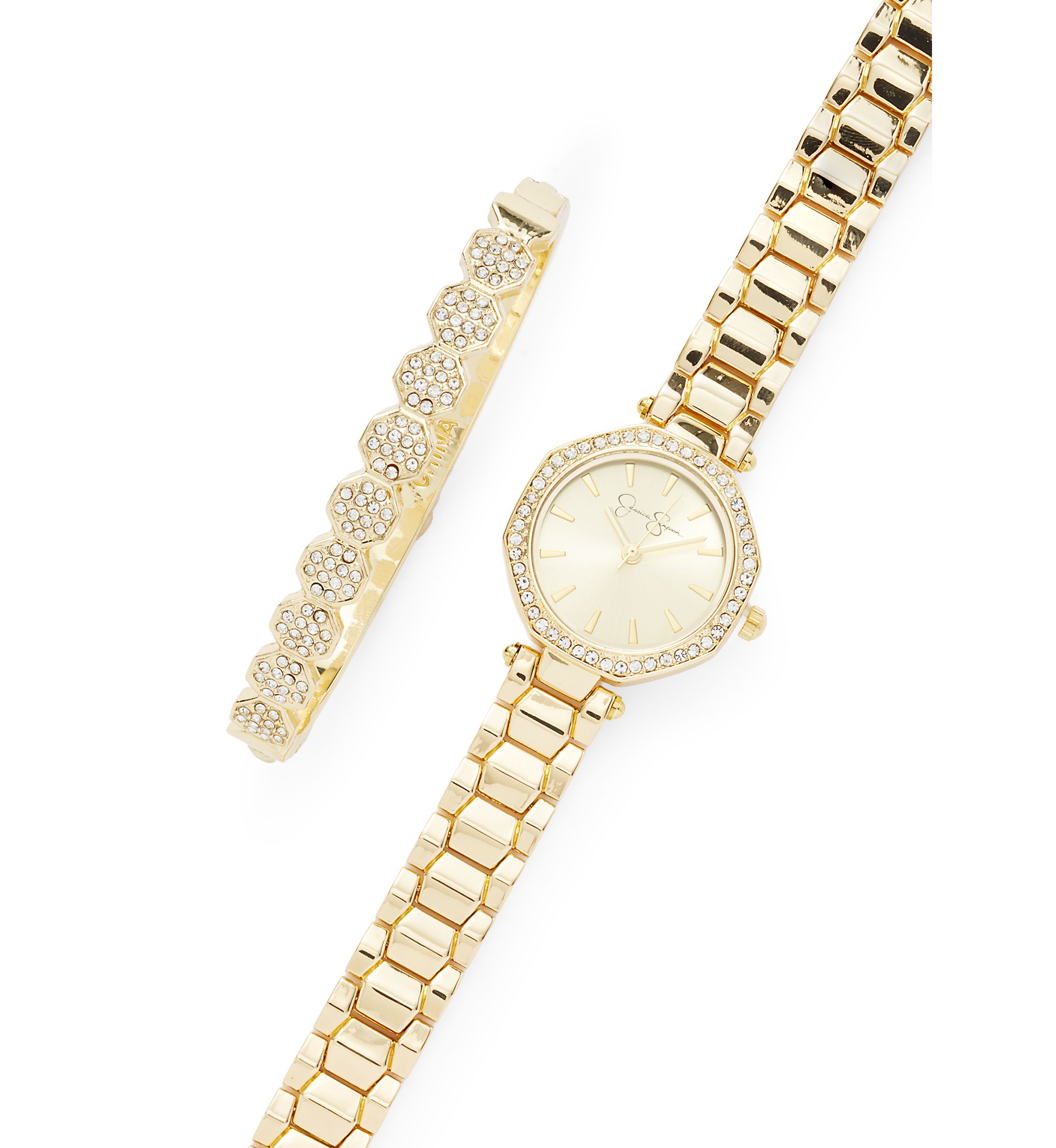 Jessica Simpson Womens Gold Tone Crystal Watch and Bracelet Set | Belk
