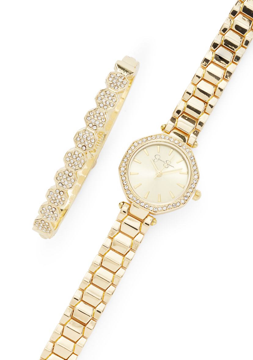 シルクストーンSEベルト Jessica Simpson Womens Gold Tone Crystal Watch and Bracelet Set | Belk