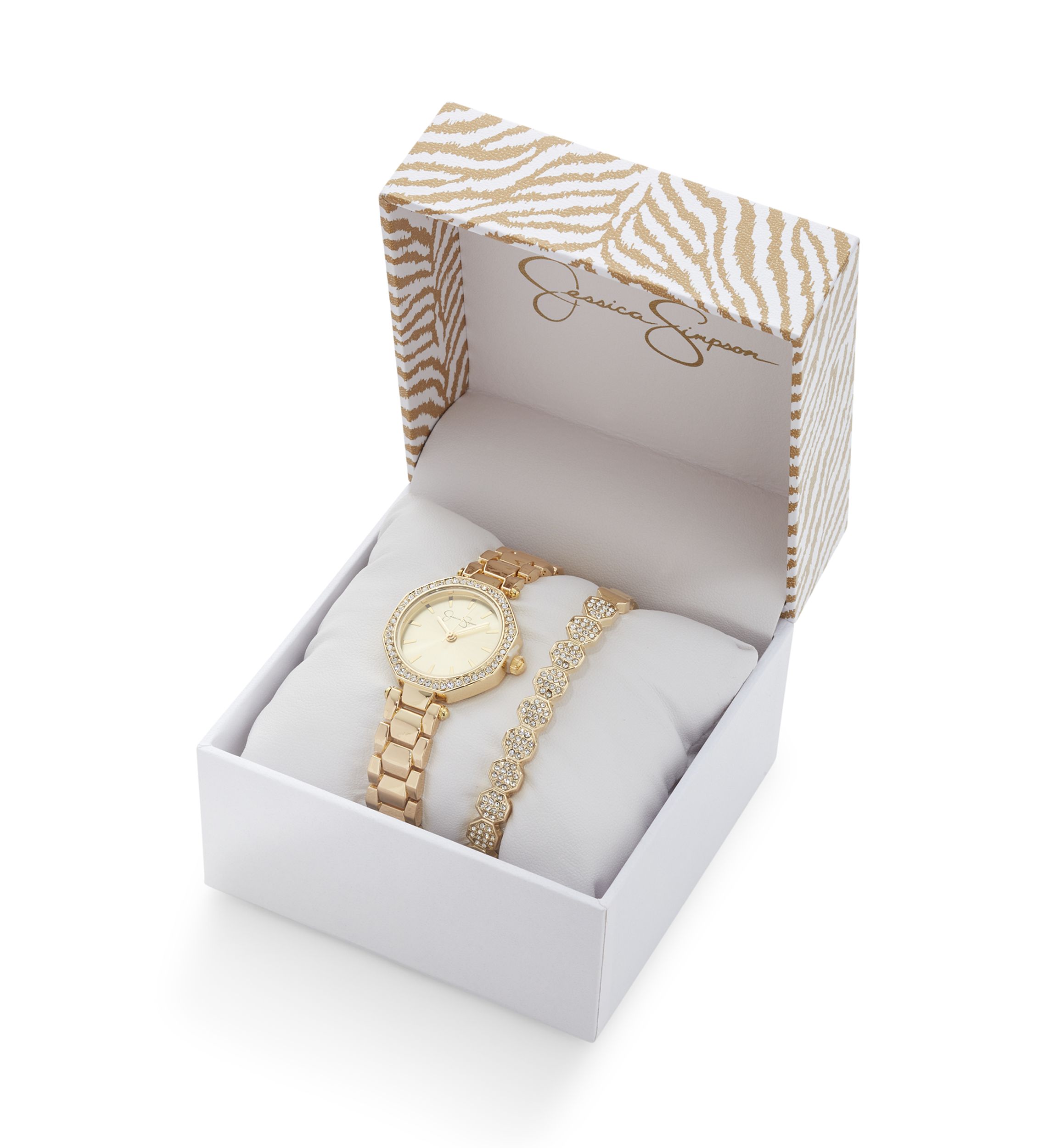 Jessica Simpson Womens Gold Tone Crystal Watch and Bracelet Set | Belk