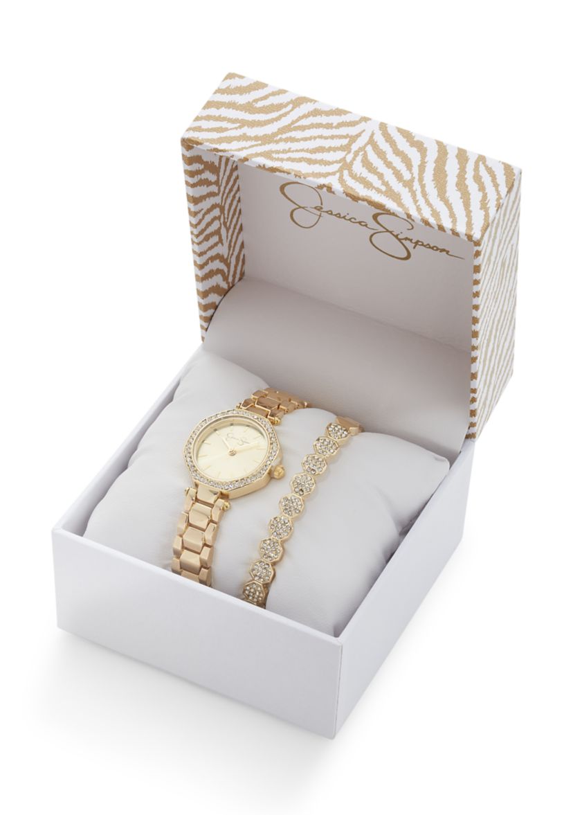Jessica Simpson Womens Gold Tone Crystal Watch and Bracelet Set | Belk