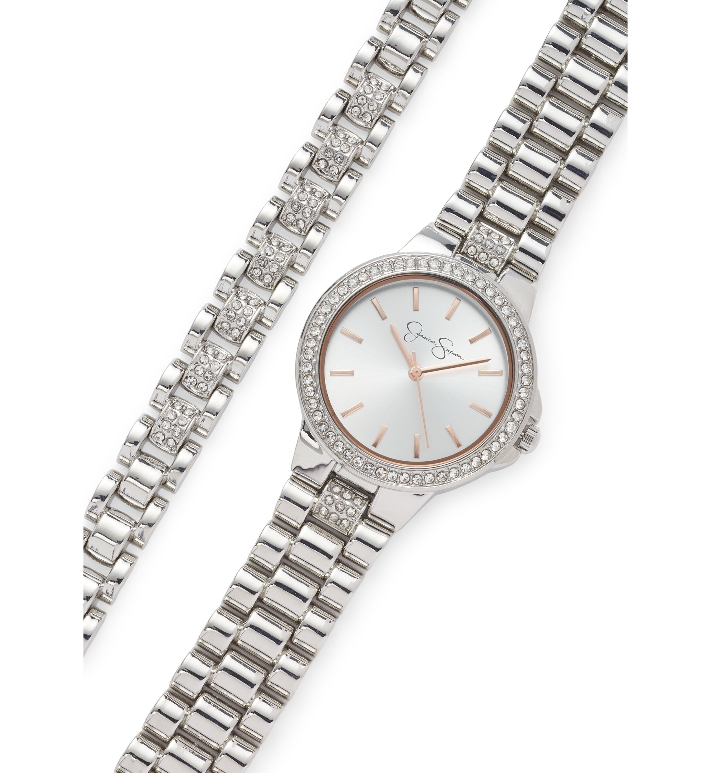 Jessica Simpson Womens Silver Tone Crystal Watch And Bracelet Set