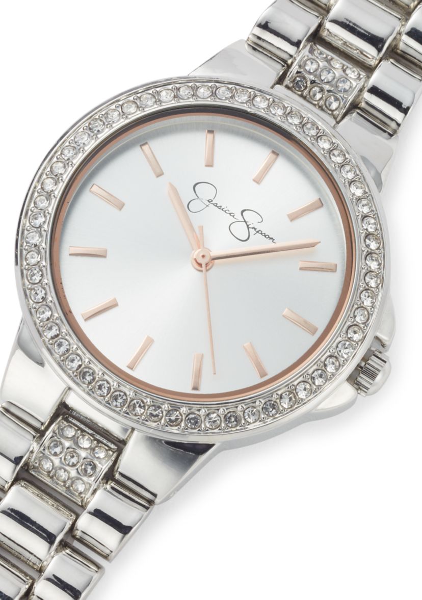 Jessica Simpson Womens Silver Tone Crystal Watch And Bracelet Set