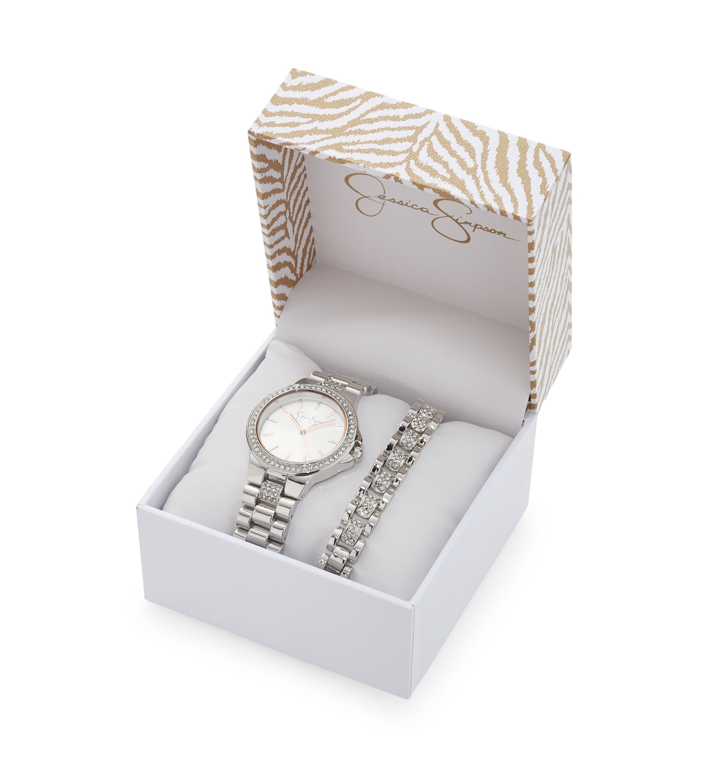 Jessica Simpson Womens Silver Tone Crystal Watch And Bracelet Set