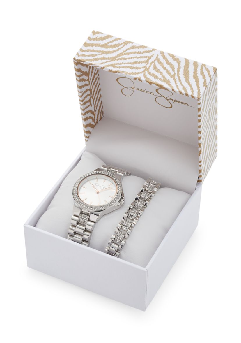 Jessica Simpson Womens Silver Tone Crystal Watch And Bracelet Set