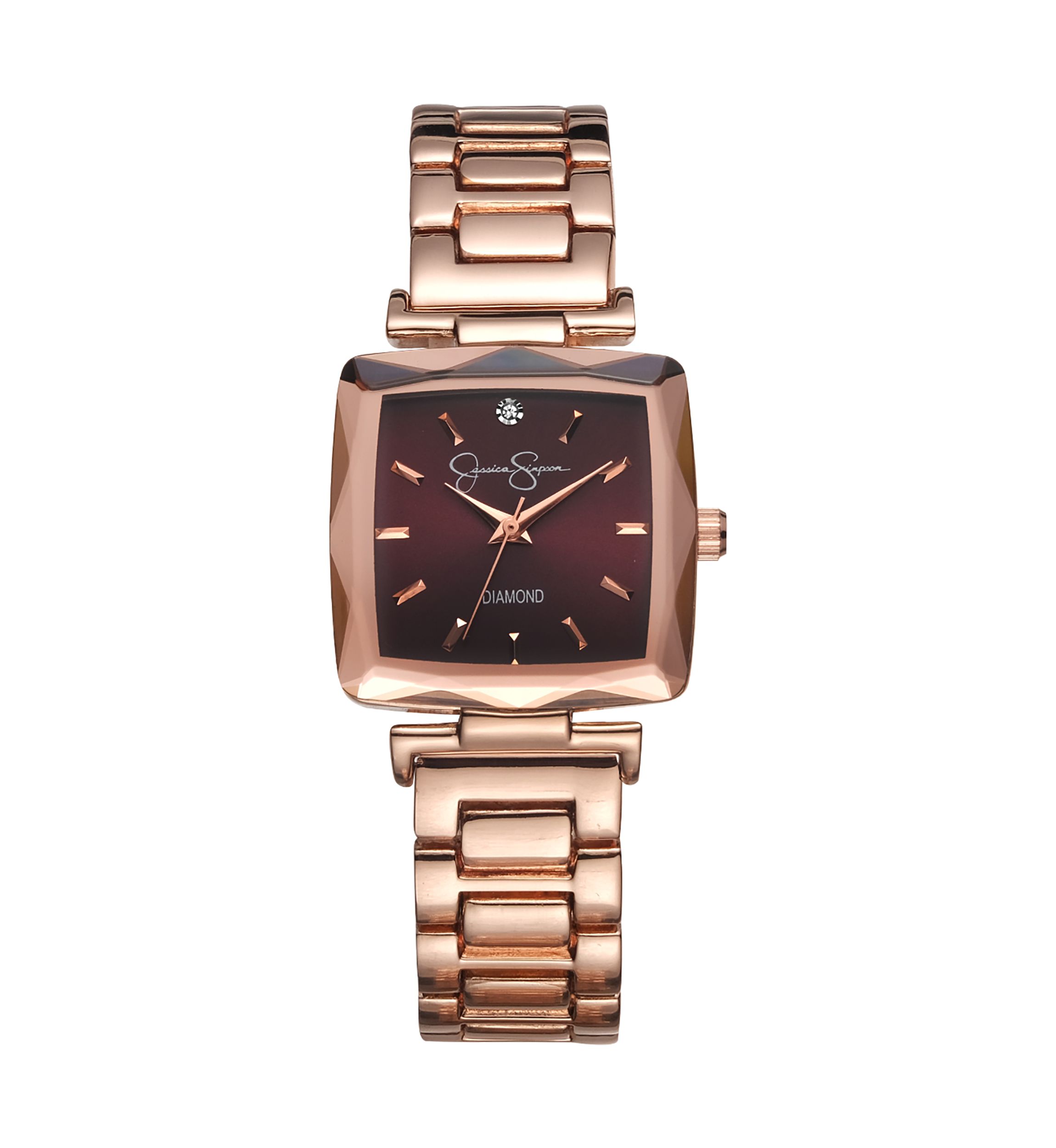 Rose Gold Tone Faceted Bezel Genuine Diamond Bracelet Watch