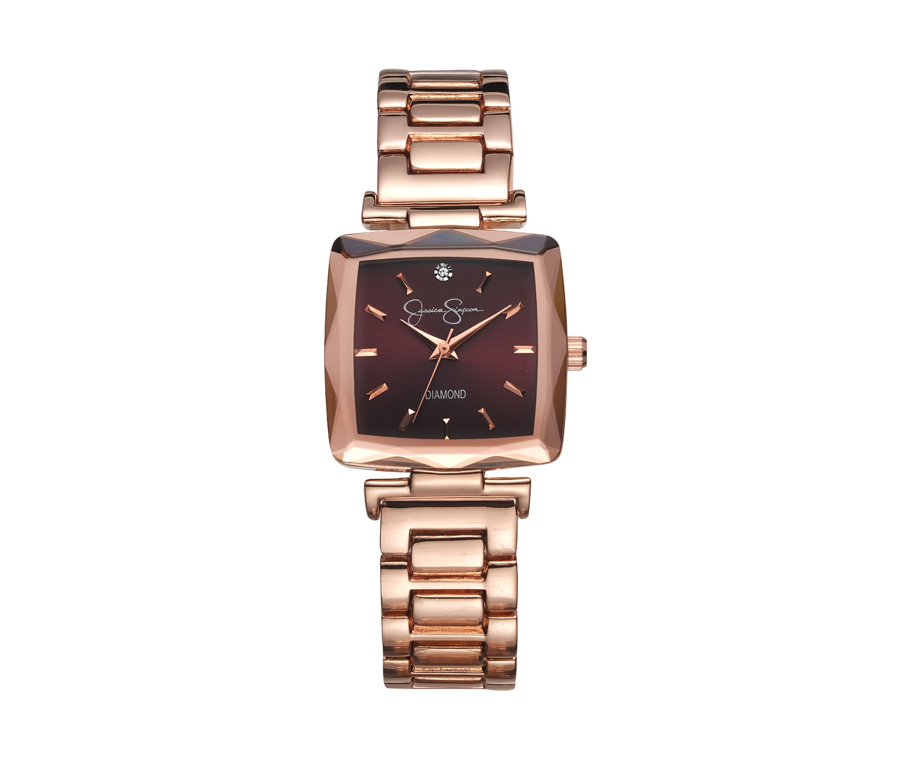Rose Gold Tone Faceted Bezel Genuine Diamond Bracelet Watch